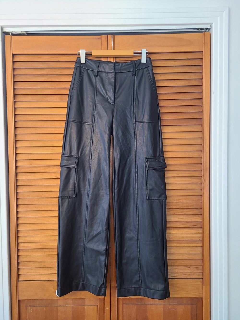 Black Faux Leather Wide-Leg Cargo Pants